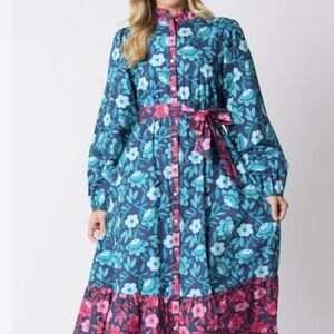 Peach Love California Teal & Pink Floral Long Sleeve Maxi Dress